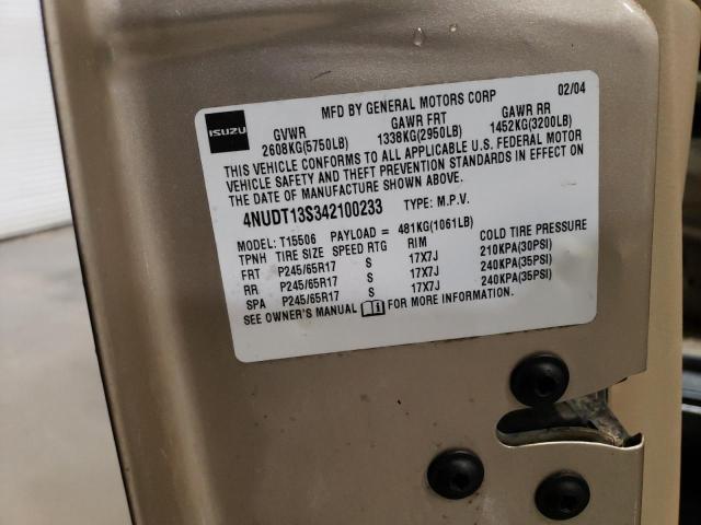 4NUDT13S342100233 - 2004 ISUZU ASCENDER S 金色 照片 12