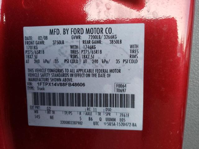 1FTPX14V88FB48606 - 2008 FORD F150 RED photo 12