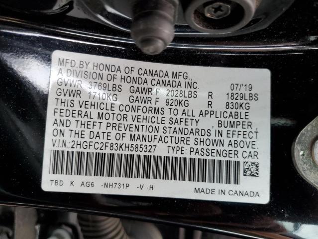 2HGFC2F83KH585327 - 2019 HONDA CIVIC SPORT 黑色 照片 12