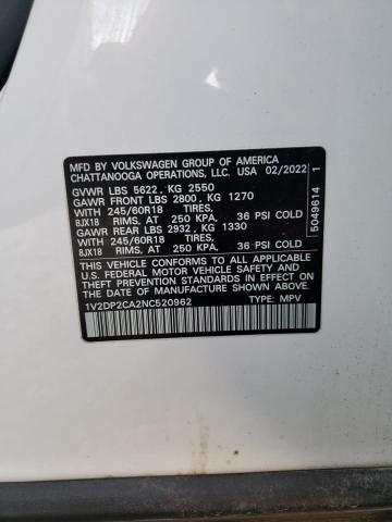 1V2DP2CA2NC520962 - 2022 VOLKSWAGEN ATLAS SE WHITE photo 13