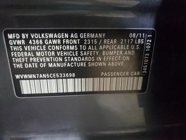 WVWMN7AN5CE533698 - 2012 VOLKSWAGEN CC SPORT GRAY photo 12