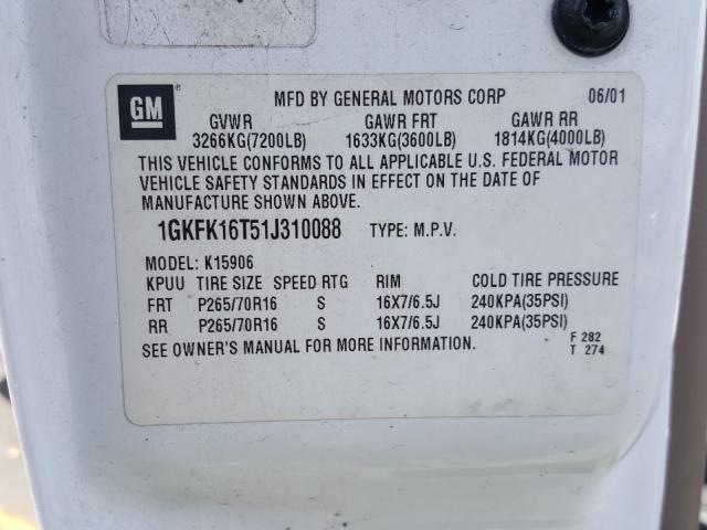 1GKFK16T51J310088 - 2001 GMC YUKON XL K1500  photo 10