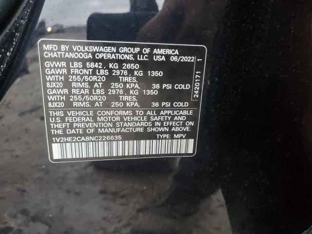 1V2HE2CA8NC226635 - 2022 VOLKSWAGEN ATLAS CROS SE შავი ფოტო 12