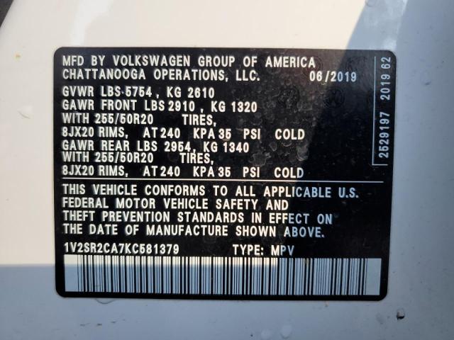 1V2SR2CA7KC581379 - 2019 VOLKSWAGEN ATLAS SEL WHITE photo 13