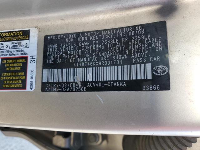 4T4BE46KX9R094731 - 2009 TOYOTA CAMRY BASE TAN photo 12