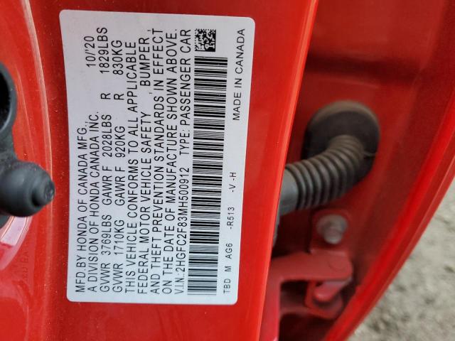 2HGFC2F83MH500912 - 2021 HONDA CIVIC SPORT 红色 照片 12