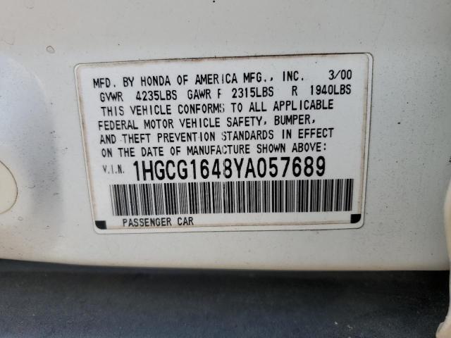 1HGCG1648YA057689 - 2000 HONDA ACCORD LX WHITE photo 12