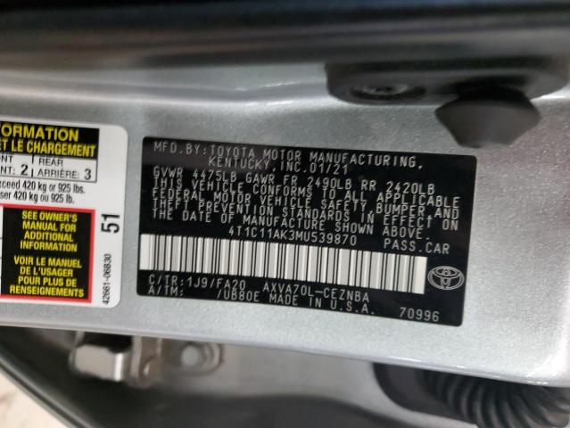 4T1C11AK3MU539870 - 2021 TOYOTA CAMRY LE SILVER photo 12