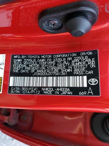 JTDKB20U377561361 - 2007 TOYOTA PRIUS RED photo 12