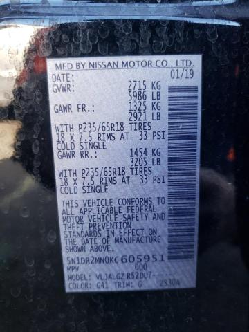 5N1DR2MN0KC605951 - 2019 NISSAN PATHFINDER S 黑色 照片 12