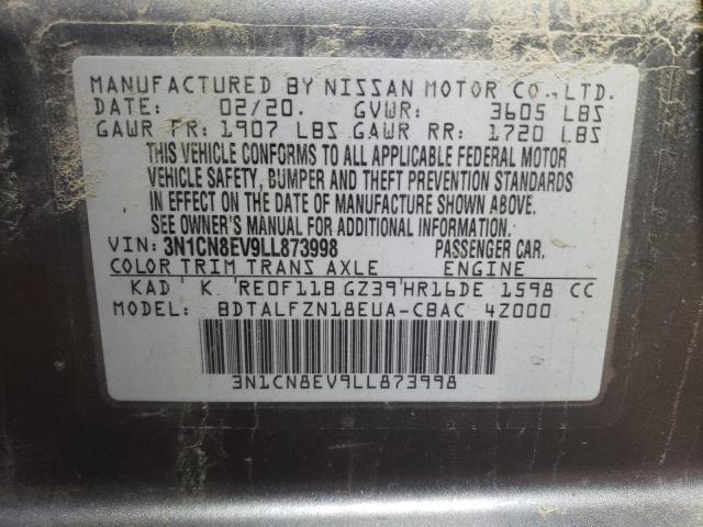 3N1CN8EV9LL873998 - 2020 NISSAN VERSA SV GRAY photo 12