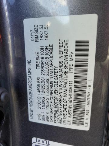 5J6RW1H81HL006111 - 2017 HONDA CR-V EXL GRAY photo 13