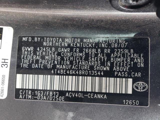 4T4BE46K48R013544 - 2008 TOYOTA CAMRY CE GRAY photo 12