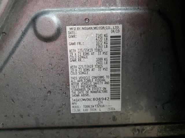 5N1AT2MV0KC808942 - 2019 NISSAN ROGUE S GRAY photo 12