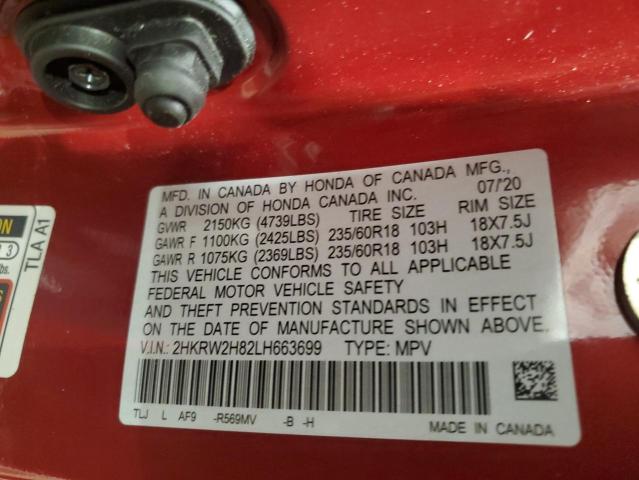 2HKRW2H82LH663699 - 2020 HONDA CR-V EXL RED photo 12