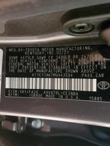 4T1C11AK7MU443594 - 2021 TOYOTA CAMRY LE GRAY photo 13