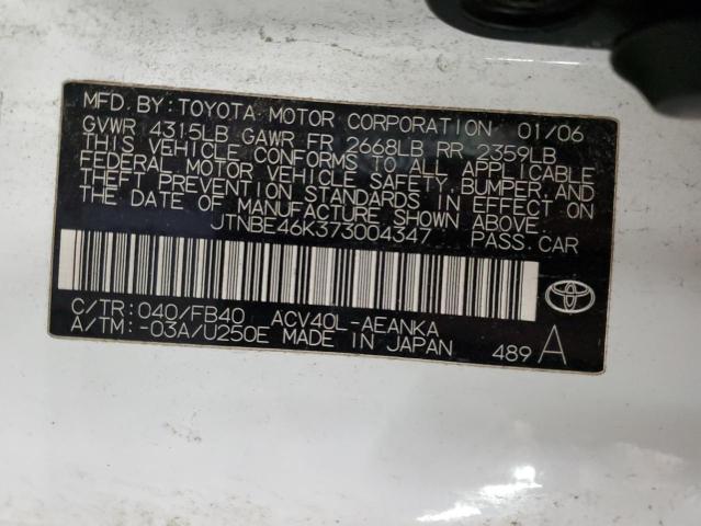 JTNBE46K373004347 - 2007 TOYOTA CAMRY CE WHITE photo 12