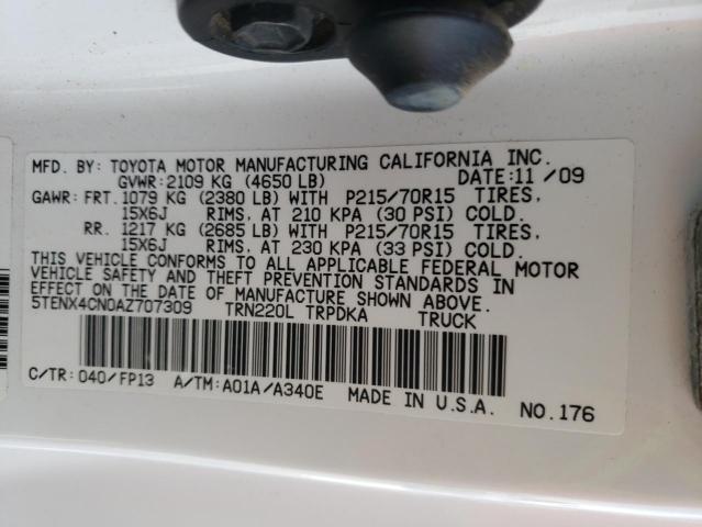 5TENX4CN0AZ707309 - 2010 TOYOTA TACOMA WHITE photo 13