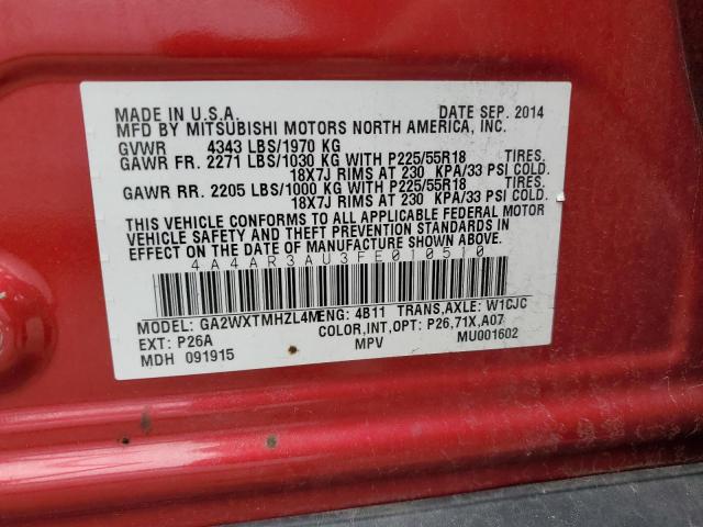 4A4AR3AU3FE010510 - 2015 MITSUBISHI OUTLANDER ES RED photo 13