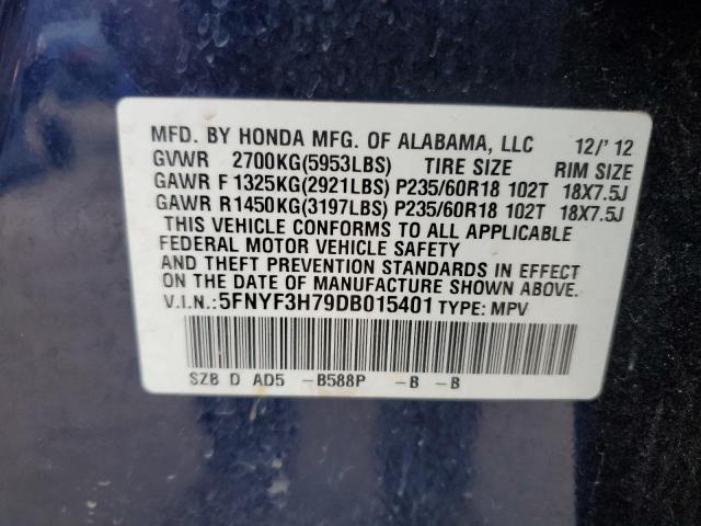 5FNYF3H79DB015401 - 2013 HONDA PILOT EXLN BLUE photo 13