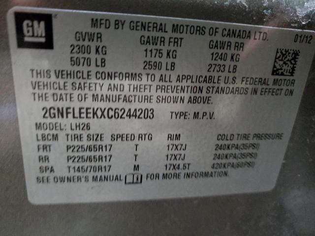 2GNFLEEKXC6244203 - 2012 CHEVROLET EQUINOX LT TAN photo 12