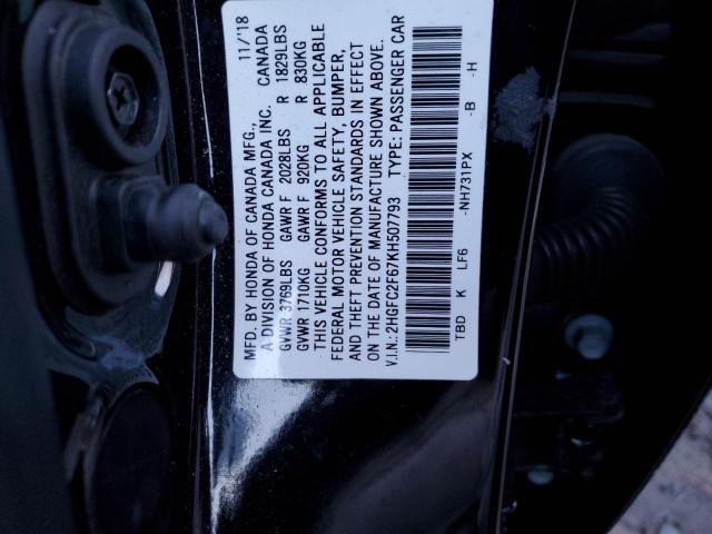 2HGFC2F67KH507793 - 2019 HONDA CIVIC LX BLACK photo 12