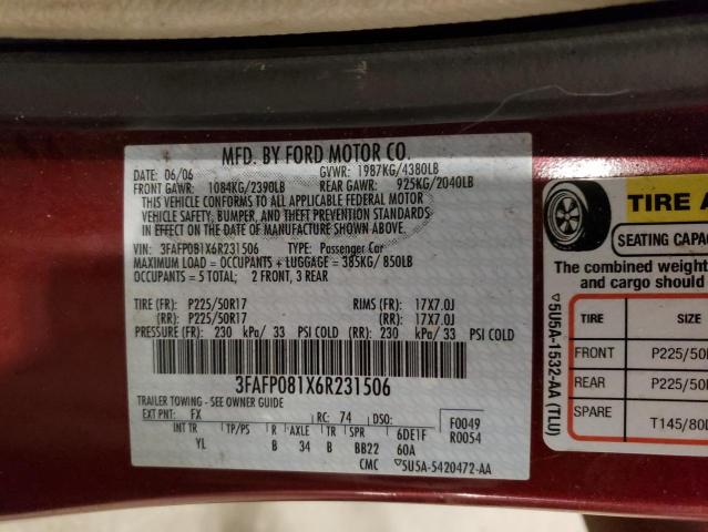 3FAFP081X6R231506 - 2006 FORD FUSION SEL MAROON photo 12