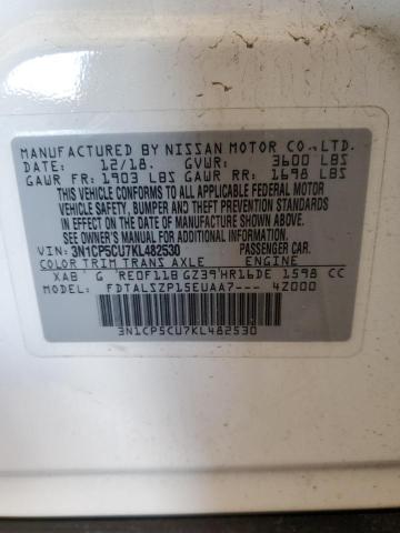 3N1CP5CU7KL482530 - 2019 NISSAN KICKS S WHITE photo 13