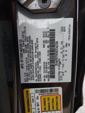 3FA6P0T9XHR256356 - 2017 FORD FUSION SE GRAY photo 12