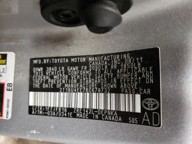 2T1BU4EE7BC678732 - 2011 TOYOTA COROLLA BASE SILVER photo 12