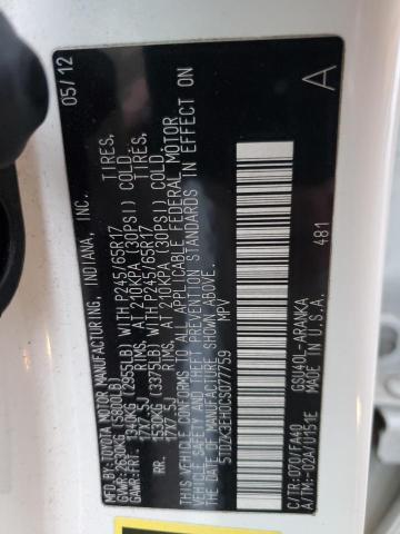 5TDZK3EH0CS077759 - 2012 TOYOTA HIGHLANDER BASE أبيض صورة 13