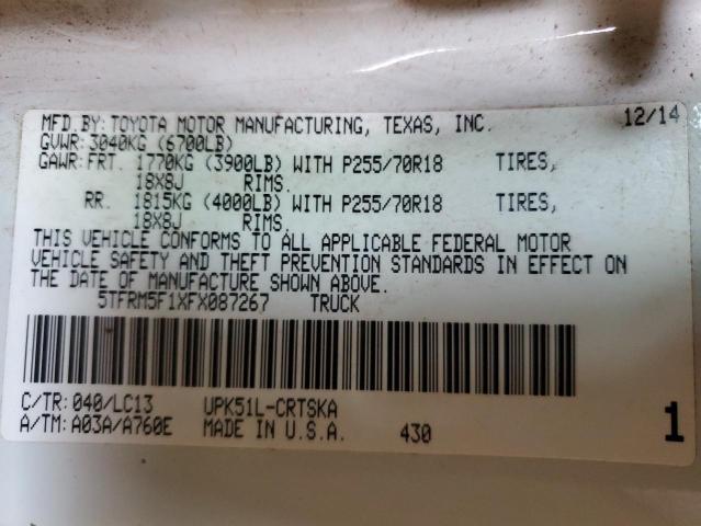 5TFRM5F1XFX087267 - 2015 TOYOTA TUNDRA DOUBLE CAB SR/SR5 WHITE photo 12