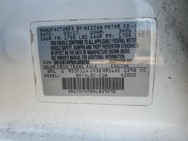 3N1CN7AP8HL859292 - 2017 NISSAN VERSA S WHITE photo 12