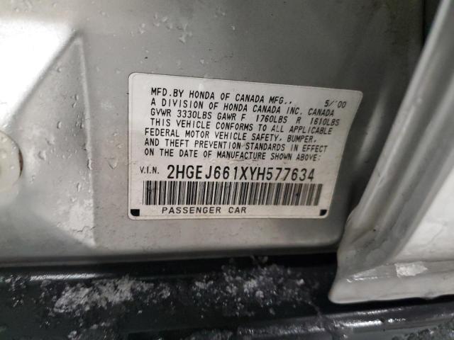 2HGEJ661XYH577634 - 2000 HONDA CIVIC BASE SILVER photo 12