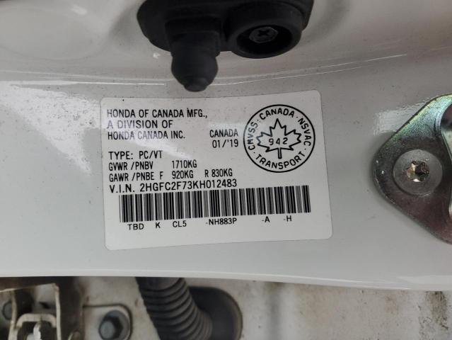 2HGFC2F73KH012483 - 2019 HONDA CIVIC EX WHITE photo 12