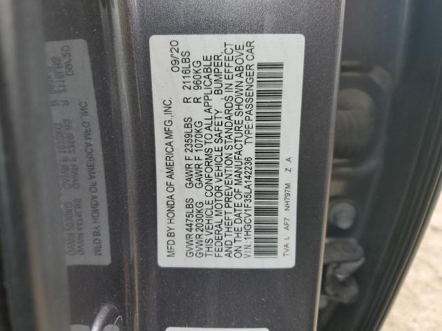 1HGCV1F35LA142236 - 2020 HONDA ACCORD SPORT GRAY photo 12