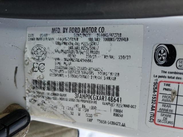 3FAHP0CGXAR148641 - 2010 FORD FUSION SEL WHITE photo 13