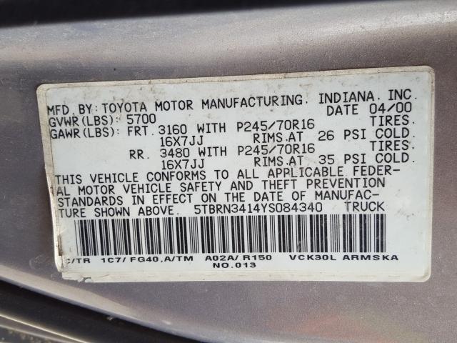 5TBRN3414YS084340 - 2000 TOYOTA TUNDRA ACCESS CAB SR5  photo 10