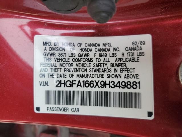 2HGFA166X9H349881 - 2009 HONDA CIVIC LX-S Կարմիր լուսանկար 13