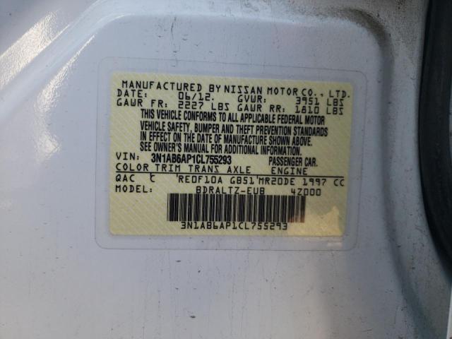 3N1AB6AP1CL755293 - 2012 NISSAN SENTRA 2.0 WHITE photo 12