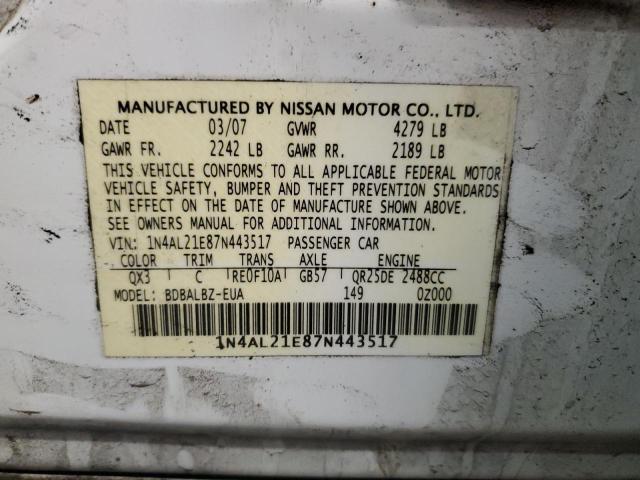 1N4AL21E87N443517 - 2007 NISSAN ALTIMA 2.5 WHITE photo 13