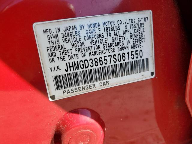 JHMGD38657S061550 - 2007 HONDA FIT S RED photo 12