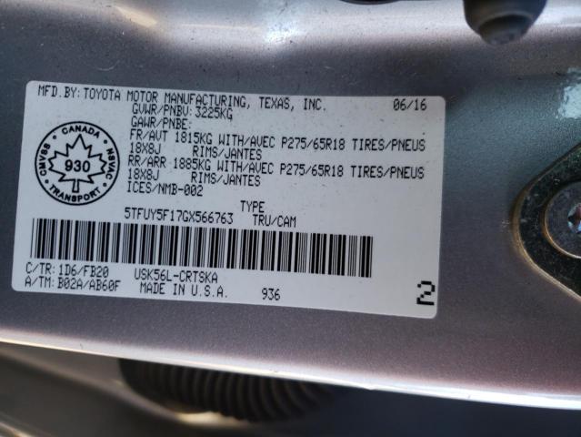 5TFUY5F17GX566763 - 2016 TOYOTA TUNDRA DOUBLE CAB SR/SR5 SILVER photo 12