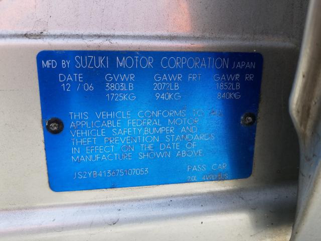 JS2YB413675107053 - 2007 SUZUKI SX4  photo 10