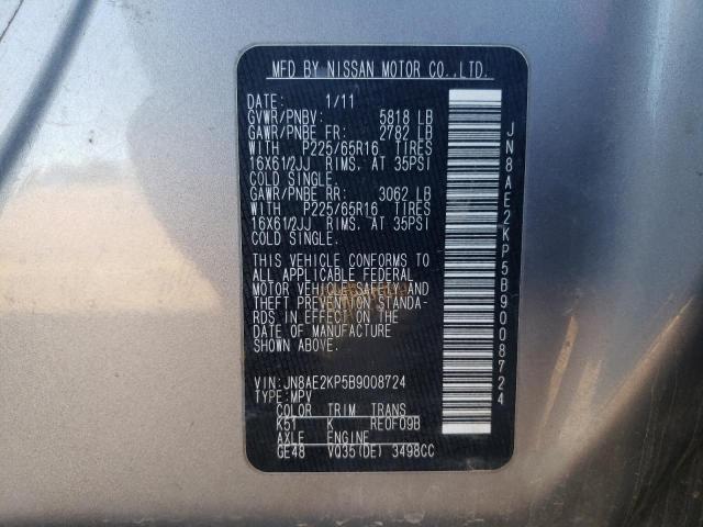 JN8AE2KP5B9008724 - 2011 NISSAN QUEST S SILVER photo 13