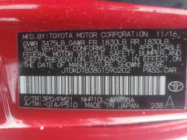 JTDKDTB38G1590202 - 2016 TOYOTA PRIUS C RED photo 12