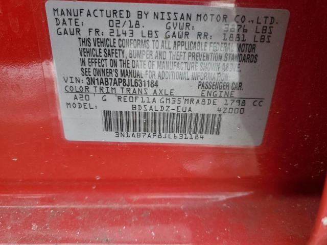 3N1AB7AP8JL631184 - 2018 NISSAN SENTRA S RED photo 12