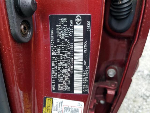 4T1BE32K54U321651 - 2004 TOYOTA CAMRY LE MAROON photo 12