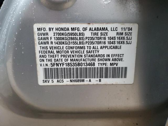 5FNYF18535B013468 - 2005 HONDA PILOT EXL SILVER photo 13