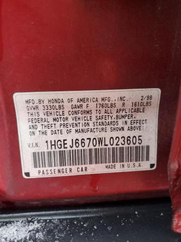 1HGEJ6670WL023605 - 1998 HONDA CIVIC LX RED photo 12